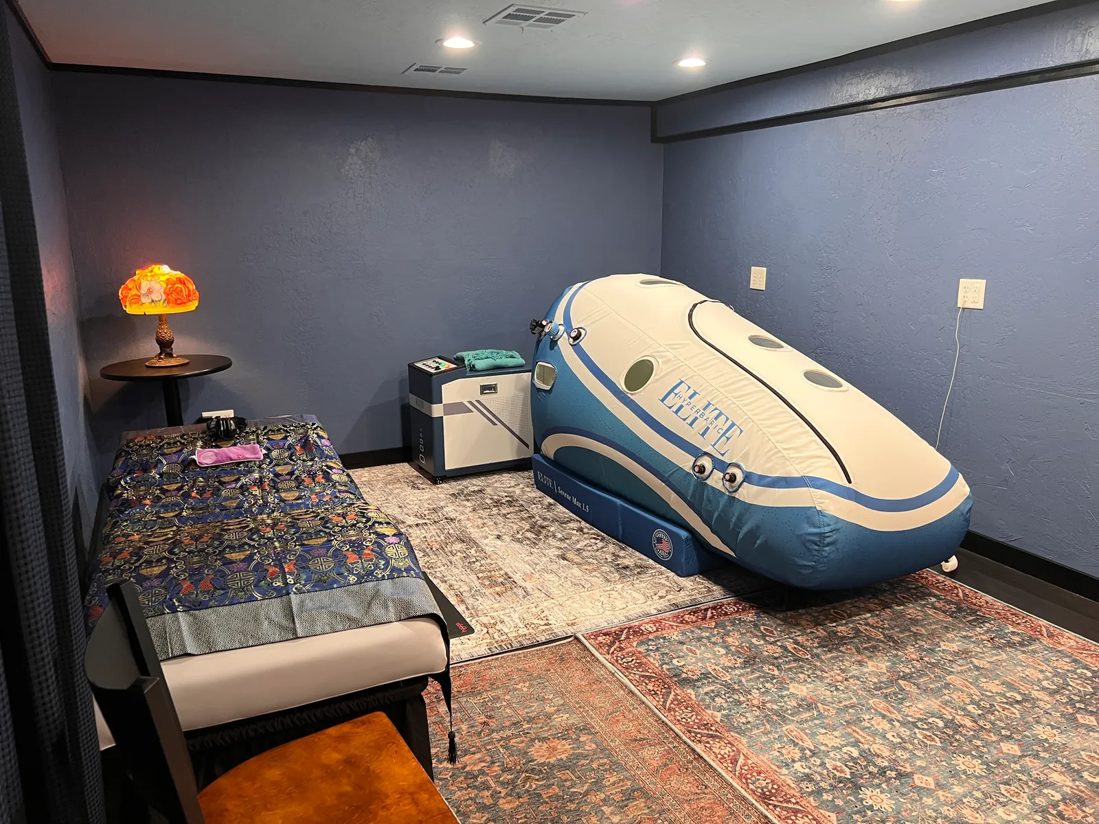 Hyperbaric oxygen therapy chamber and relaxation room at Level Up Health & Wellness in Bechtelsville, PA