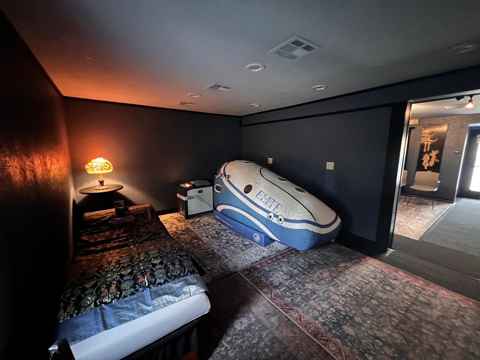 Warmly lit HBOT chamber suite at Level Up Health & Wellness in Bechtelsville, PA